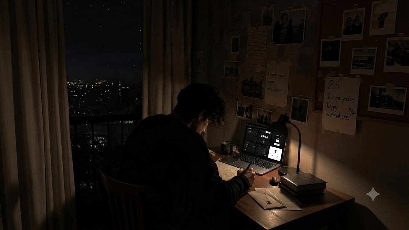 Person working at night by lamplight with Coregent timer on laptop, vision board and notebooks in background